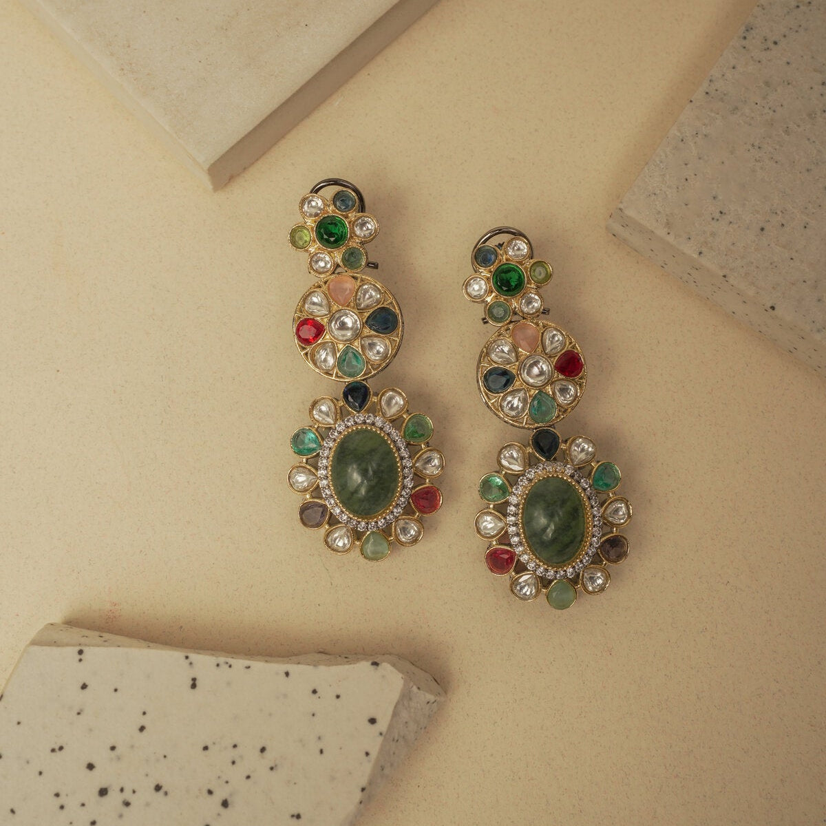 GREEN MULTI COLORED KUNDAN EARRINGS